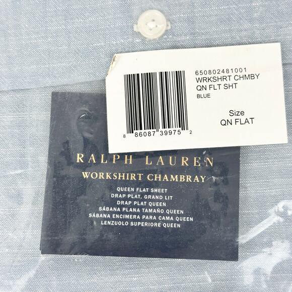 Ralph Lauren Queen Flat Sheet Workshirt Chambray Cotton Blue $215 NEW NWT - Picture 10 of 10